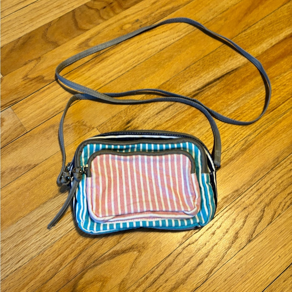 Striped Crossbody Bag in Blue, Pink, and Grey